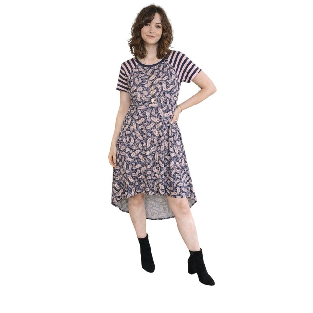 LulaRoe Carly Striped Navy & Pink Feather Print High-Low Dress Small